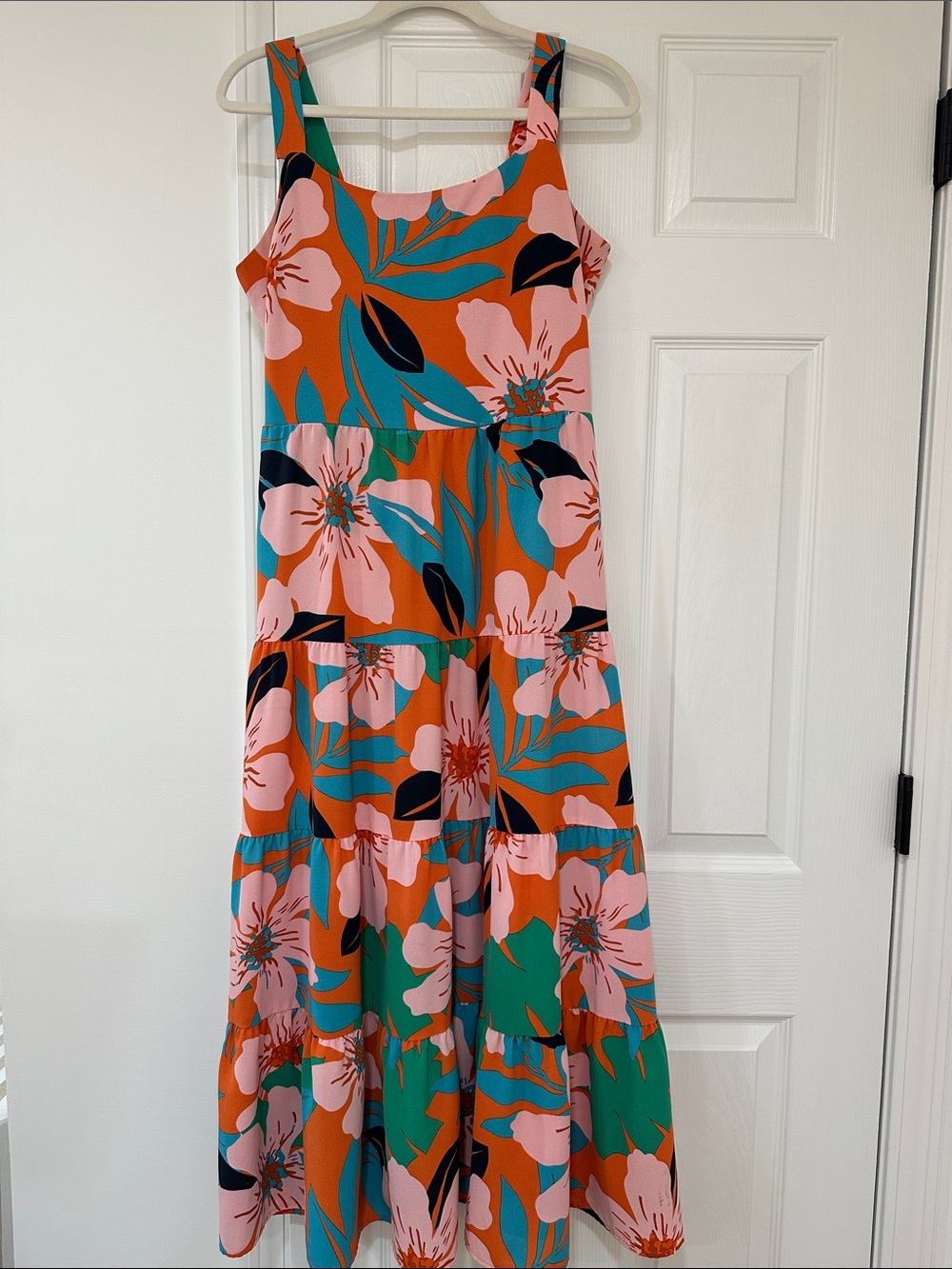 Sleeveless Floral Tiered Maxi Dress in Orange & Pink